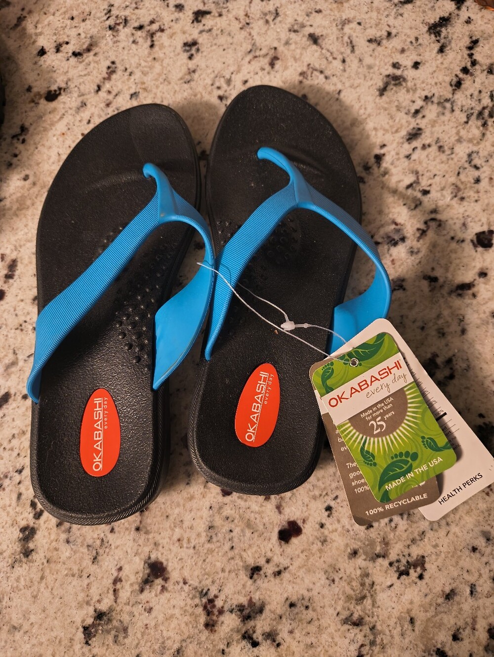 Okabashi Black Flip Flops with Bright Blue Straps
